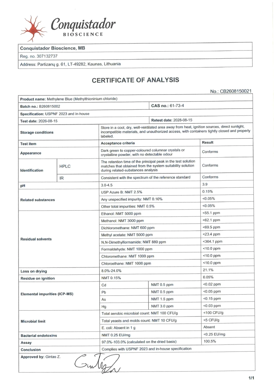 Methylene blue certificate of analysis CB2608150021 for ingredient batch B260815002, issued by Conquistador Bioscience